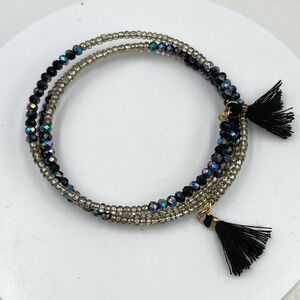 Vintage Black Iridescent Seed Bead Wrap Bracelet Silver Tone Tassel Multi-Strand